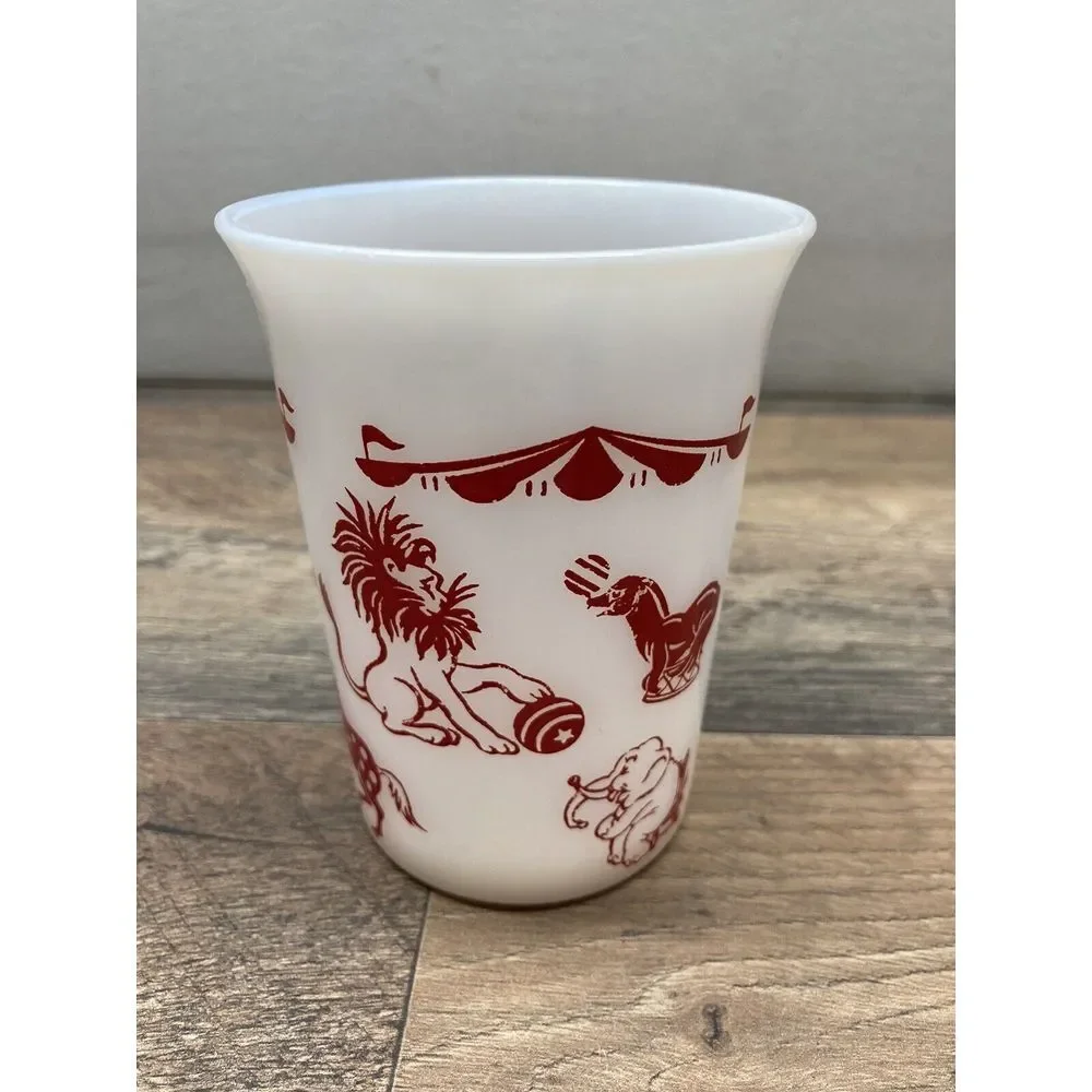 Vintage Hazel Atlas Circus Animals Juice Glass, White‎ Red Milk Glass